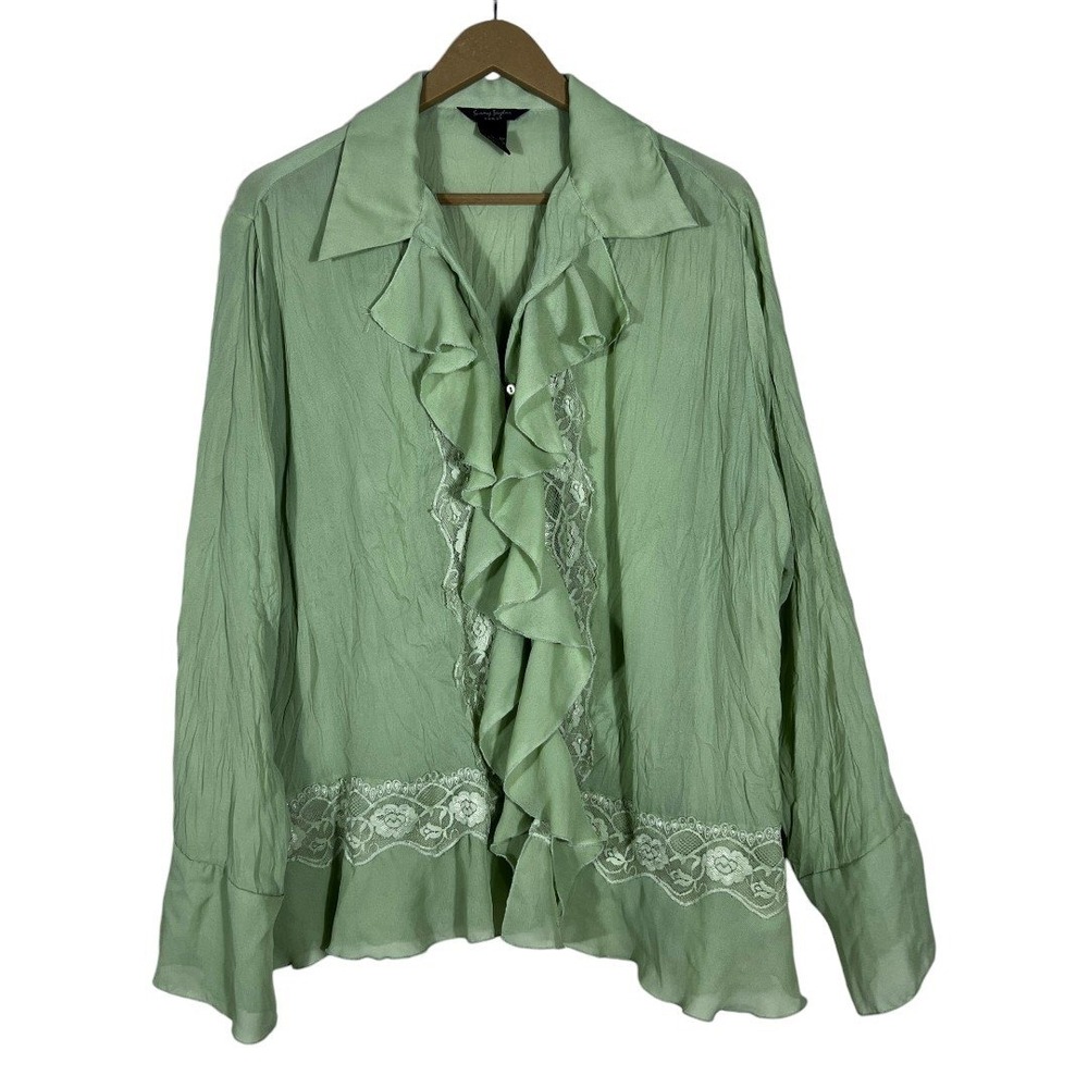 Sunny Taylor Woman Ruffle Lace Trim Floral Blouse Sage Green Romantic Size 1X